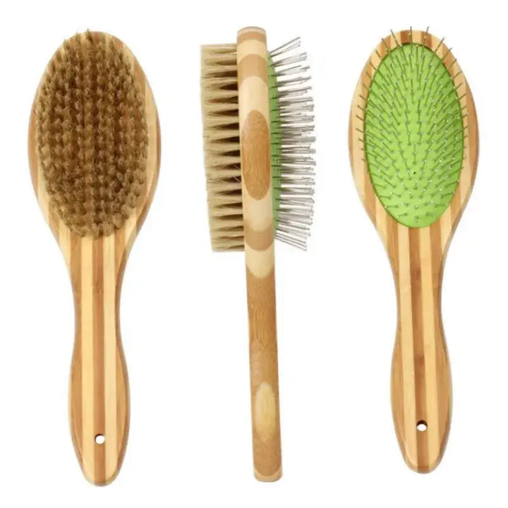 Bamboo Dog Brush Double-Sided Dog Comb Pet Grooming Brush with Stainless Steel