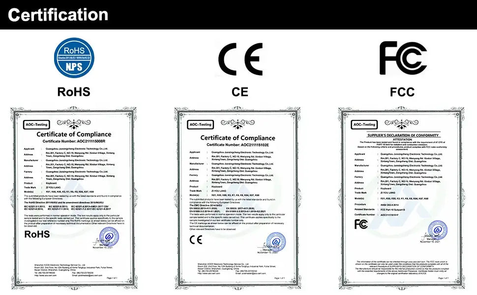 Image displaying three certificates of compliance for RoHS, CE, and FCC. Each certificate features the respective logos and detailed text, framed in ornate designs. Labels indicate conformity to specific regulatory standards for electronics, such as the Wireless Keyboard Bluetooth Dual Mode.