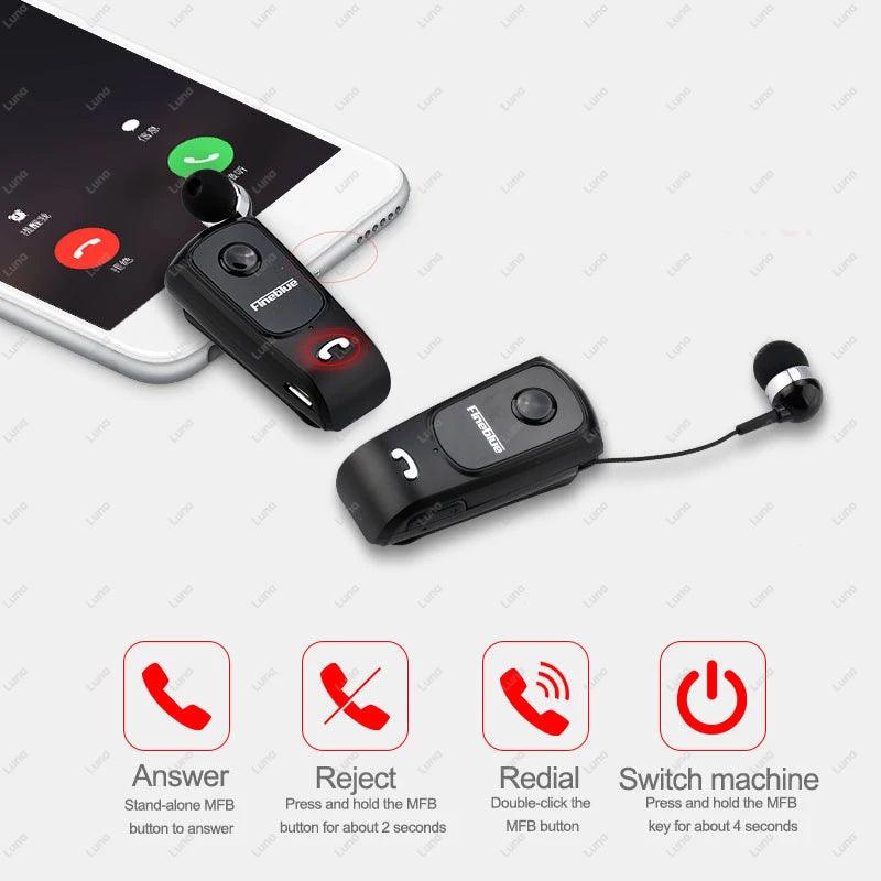 Wireless Earphone, Bluetooth Headset with Wire Clip Retractable Earphones