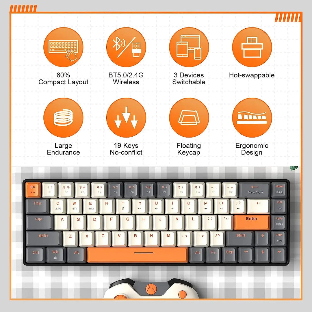 Image of the Wireless Keyboard Bluetooth Dual Mode showcasing a 60% compact design with vibrant orange, white, and black keys. It features hot-swappable capabilities, BT5.0/2.4G wireless connectivity, seamless 3-device switching, long battery life, 19-key rollover technology, floating keycaps, and an ergonomic build.