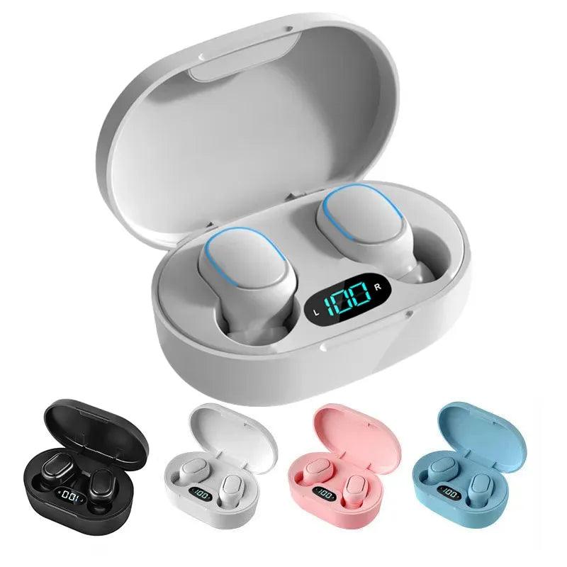 Introducing the TWS Wireless Headphones: these waterproof Bluetooth earphones come with a charging case that includes an LED display for battery life. The image shows noise-cancelling earbuds available in black, white, pink, and blue, each paired with a matching case.