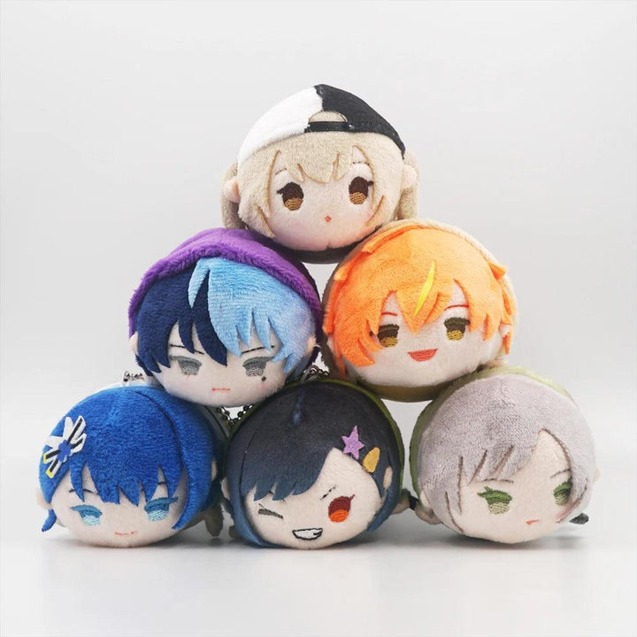 The SEKAI PROJECT Merchandise Anime Game Collectibles Plush Bag Keychain features six round plush toys with diverse facial expressions and vibrant hair colors: light blonde, orange, purple, blue, black, and gray. Each fashion-forward design includes detailed embroidery on a white background.