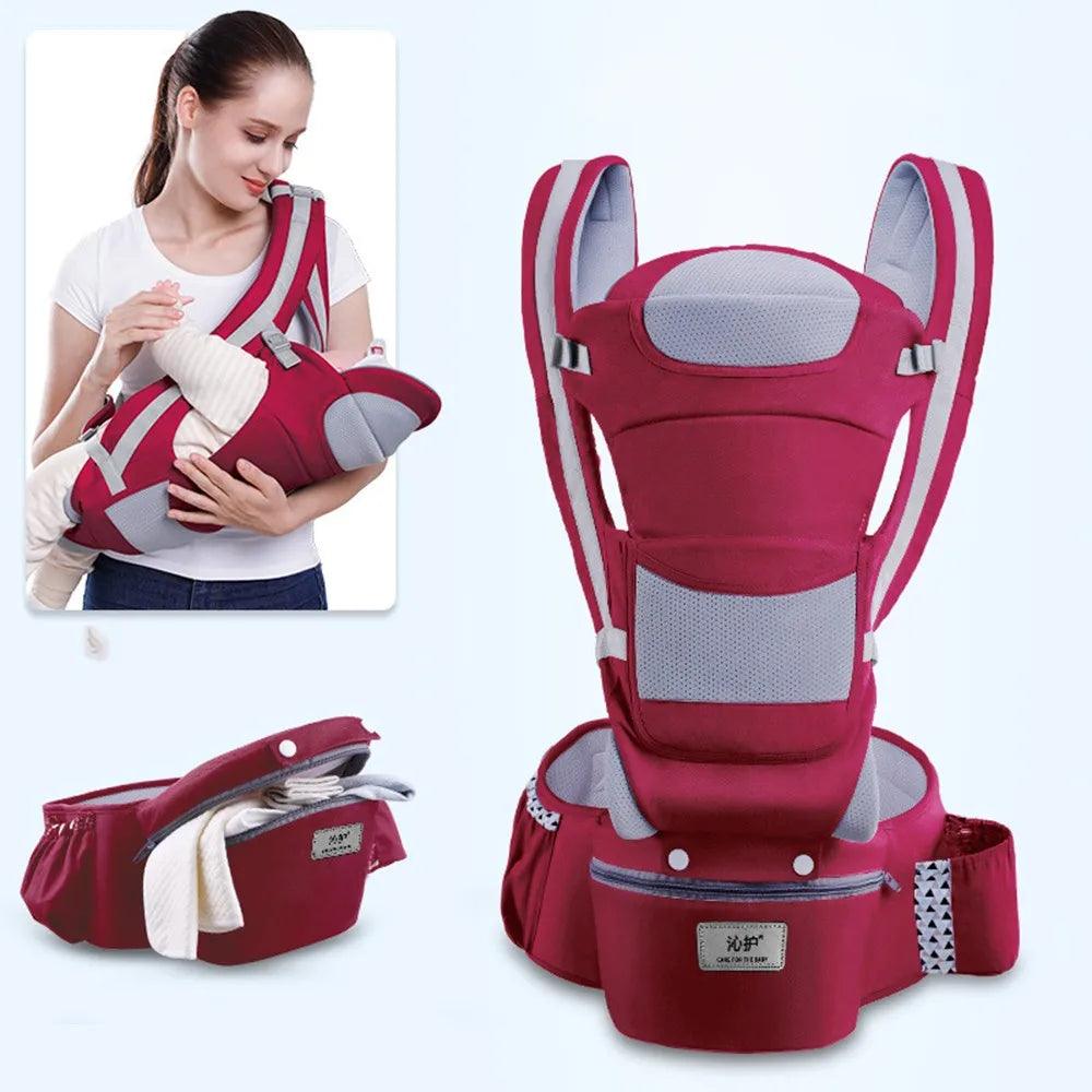 The Newborn Baby Carrier Backpack Ergonomic Hipseat Carrier is a red carrier designed with a front-facing baby wrap sling, ergonomic straps, and a supportive seat. It includes a detachable waist pouch for essentials. The inset image displays a woman using the carrier to hold her baby, demonstrating its multiple carrying positions for comfort and versatility.