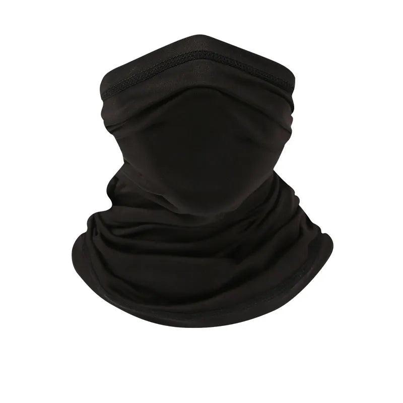 A "Silk sun protection bib" fashioned as a sports bandana riding mask is displayed on a plain white background, emphasizing the gathered fabric around the neck. This seamless front covering effectively shields the mouth and nose from the sun, making it perfect as a motorcycle neck cover.