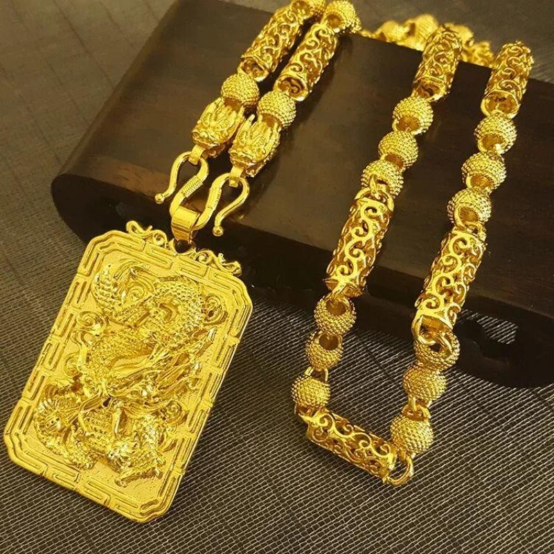 24K Gold Dragon Pendant Guan Gong Necklace Men's Gold Statement Piece