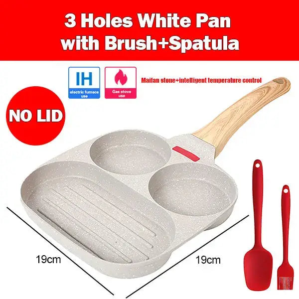 3-hole white egg frying pan with brush and spatula, designed for gas and electric stoves, featuring intelligent temperature control.