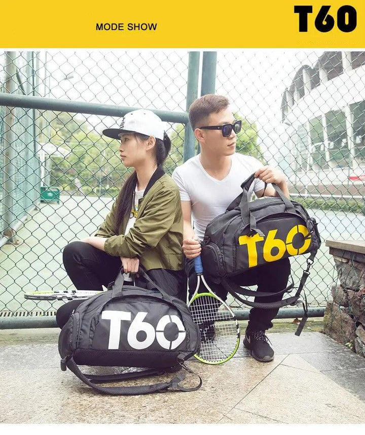 Two people squatting next to a tennis court, each holding a Waterproof Gym Bag Ultralight Fitness Backpack Yoga and Travel Bag labeled "T60." The person on the left is wearing a hat and green jacket, while the person on the right is wearing sunglasses and a white T-shirt.