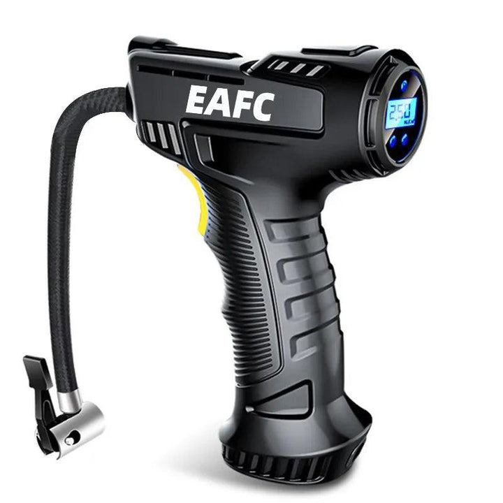 The Tire Inflator, a compact pump that can operate wirelessly or with a wire, features an ergonomic design suitable for handheld use. This black air compressor includes a digital display screen reading "2.5" and is equipped with an attached hose featuring a connector. The brand name "EAFC" is prominently displayed on the side of the device.