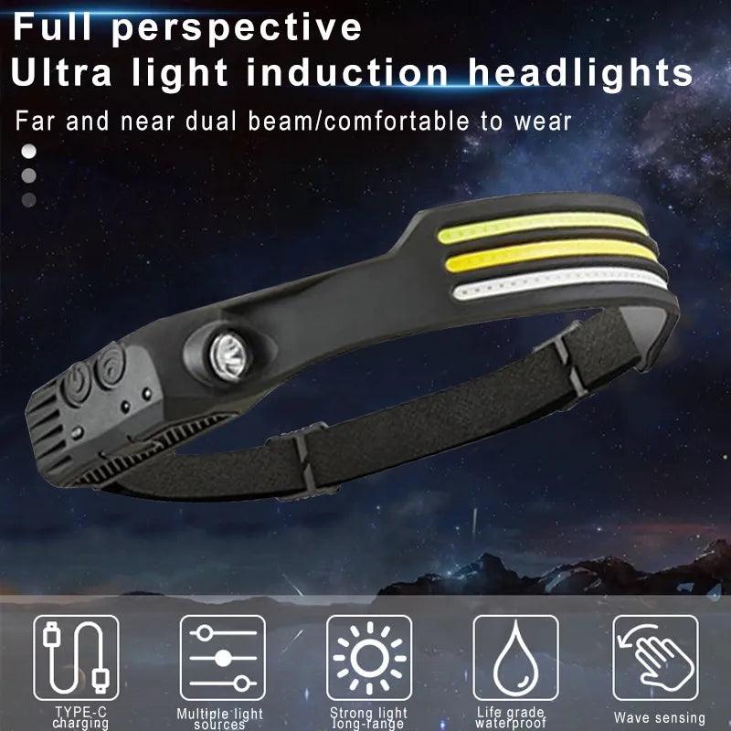 Headlamp, USB Rechargeable Flashlight, COB LED Sensor