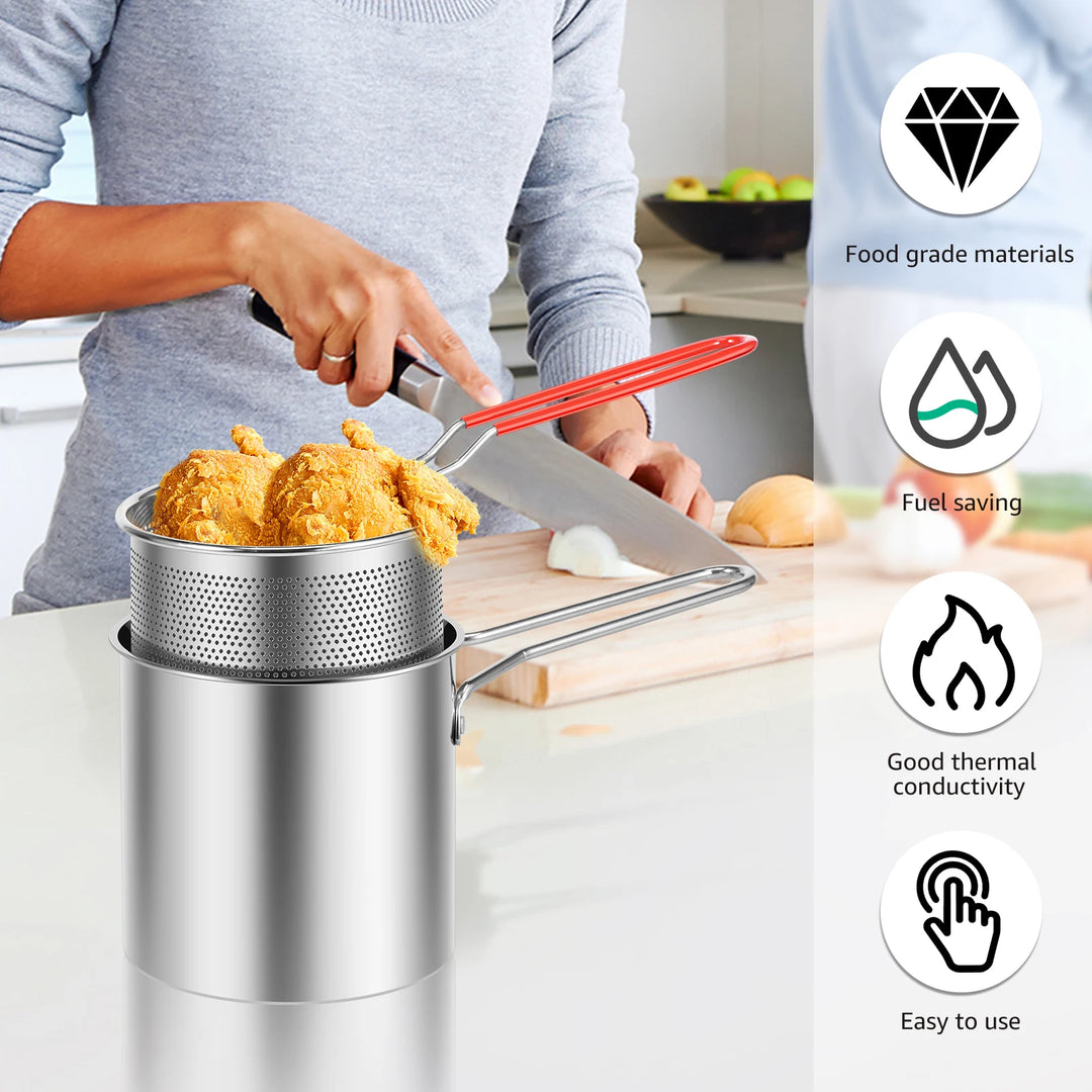 Stainless Steel Deep Fryer Pot Japanese Tempura Small Deep Frying Pan with Strainer Basket for French Fries Chicken Kitchen Tool