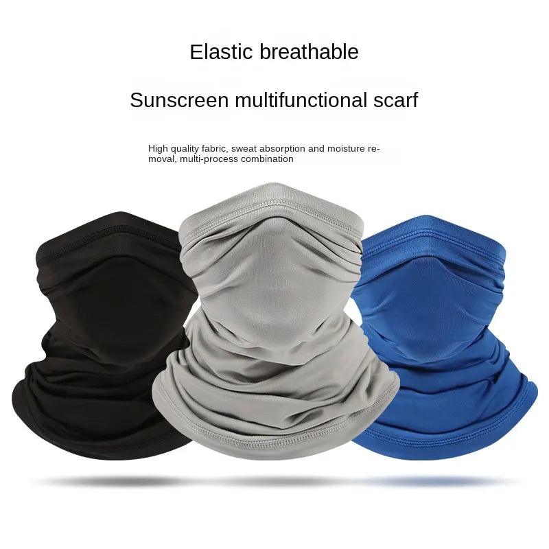 Displayed are three versatile accessories in black, gray, and blue: the "Silk Sun Protection Bib," the "Motorcycle Neck Cover," and the "Sports Bandana Riding Mask." These items are made from high-quality, elastic, breathable fabric designed to absorb sweat and wick away moisture for maximum comfort.