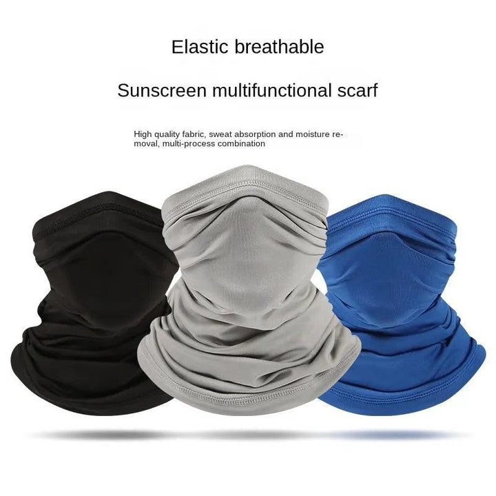 Displayed are three versatile accessories in black, gray, and blue: the "Silk Sun Protection Bib," the "Motorcycle Neck Cover," and the "Sports Bandana Riding Mask." These items are made from high-quality, elastic, breathable fabric designed to absorb sweat and wick away moisture for maximum comfort.