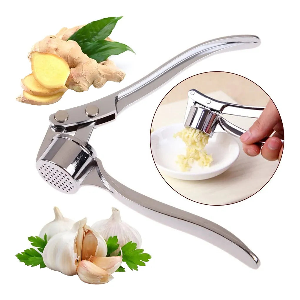 The Imitating Stainless Steel Multifunction Garlic Press Crusher Kitchen is displayed with a close-up of minced garlic being pressed into a bowl. This essential kitchen tool is surrounded by fresh garlic bulbs and a ginger root, showcasing its versatile use in culinary creations.