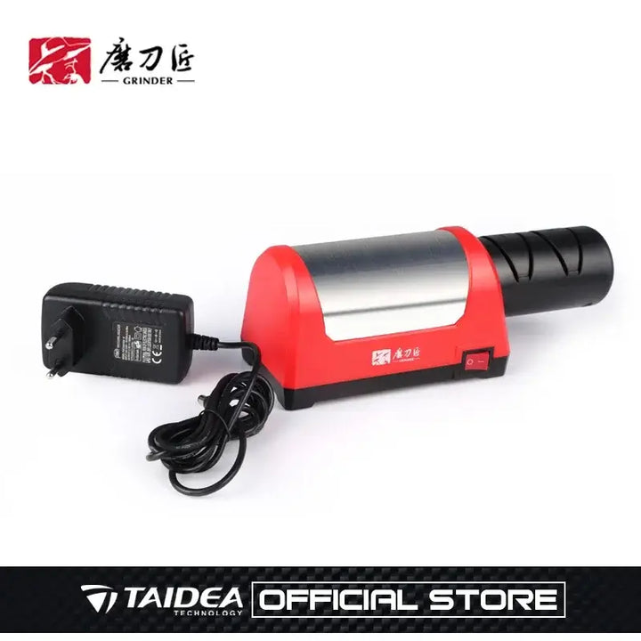 Electric knife sharpener with diamond sharpening stone in red and black, compact design for easy kitchen use.