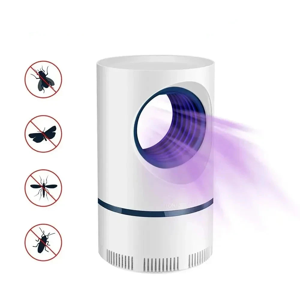 The NEW Indoor Electric Mosquito Trap is a white mosquito killer lamp equipped with a blue light to attract and capture insects. It displays four icons of crossed-out bugs on the left to highlight its effectiveness against various pests, ensuring a pest-free environment with ease. This product comes with a USB power supply and adapter suctions fan for indoor insect fly trapping.