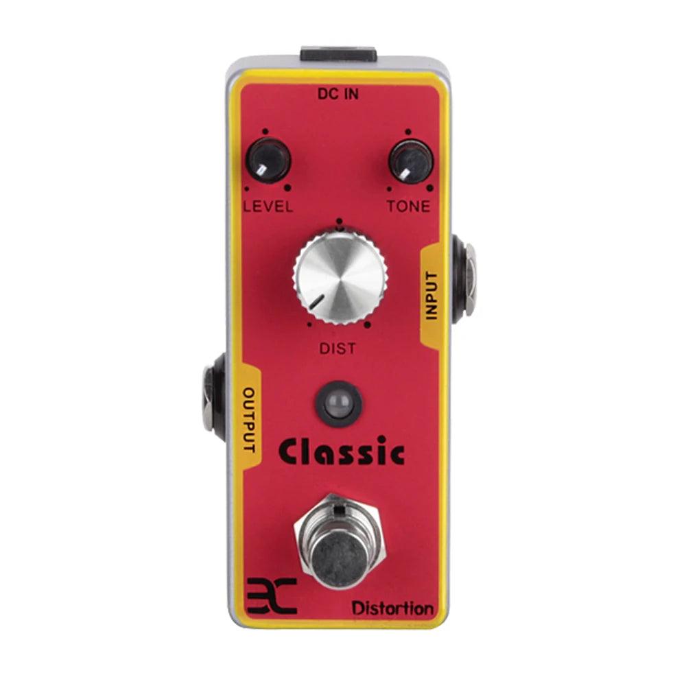 Photo of the Classic Distortion Guitar Pedal, a red mini guitar effects pedal with black knobs labeled "Level," "Tone," and "Dist" at the top. The center displays "Classic" with "Distortion" beneath it, ideal for an electric guitar setup. It features visible inputs marked "DC IN," "Output," and "Input," enhancing its classic distortion effect.