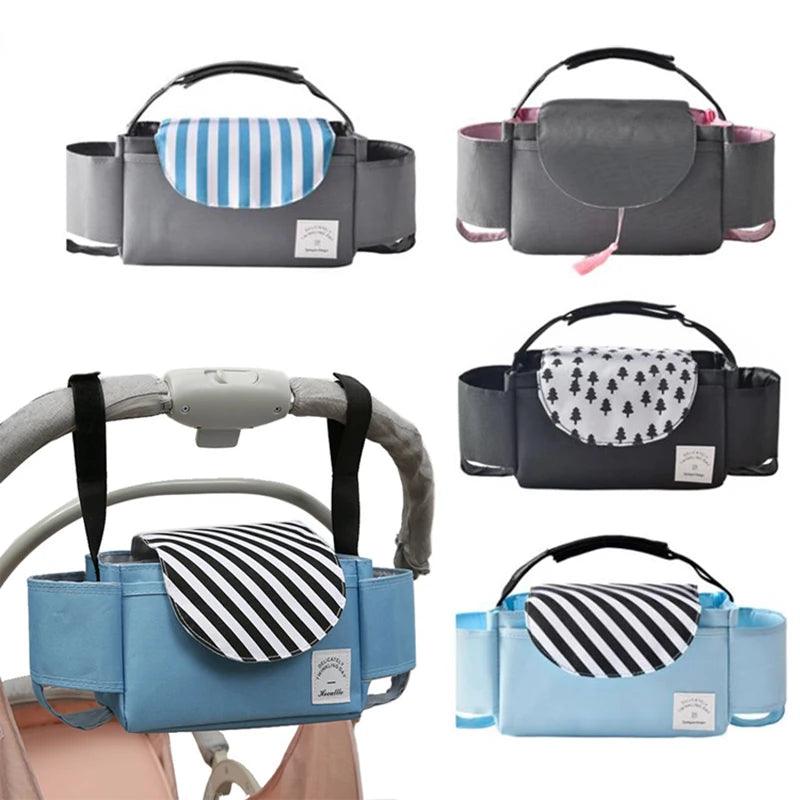 Displayed are a range of stroller organizers, available in various colors and patterns such as striped and tree designs. These include the "Stroller bag organizer," the "Cup holder cover for stroller," and the "Portable travel storage for carriages." Made from durable nylon fabric, these products offer ample storage space with multiple compartments and adjustable straps for easy attachment to strollers.