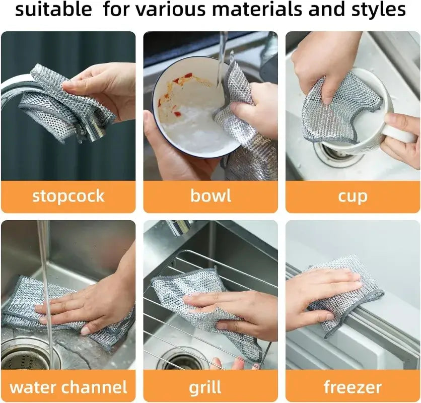 Magic cleaning cloths used on stopcock, bowl, cup, water channel, grill, and freezer for versatile kitchen cleaning.