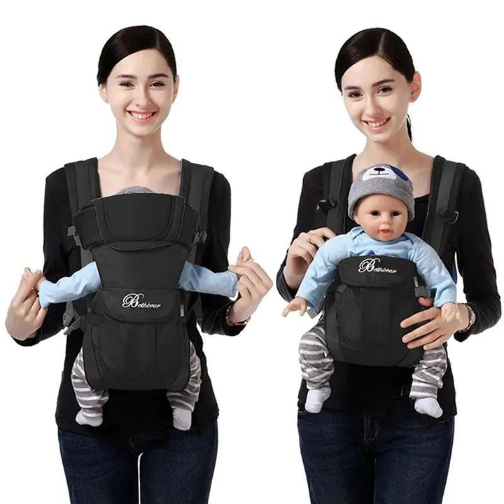 In two side-by-side images, a woman is shown wearing the Baby Carrier Backpack Front-Facing Baby Sling Infant Kangaroo Carrier. In the left image, she is smiling, while in the right image, the versatile 4-in-1 sling holds a doll dressed in blue and gray.