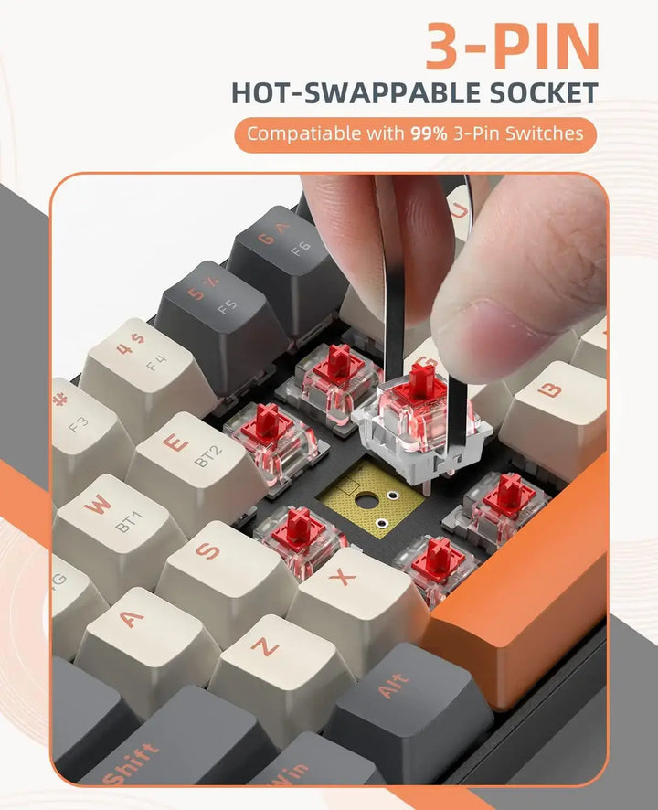 A close-up shot shows a hand utilizing tweezers to insert a red switch into the 3-pin hot-swappable socket of the Wireless Keyboard Bluetooth Dual Mode. The sleek, compact design showcases gray, white, and orange keys. The text emphasizes its compatibility with 99% of 3-pin switches.