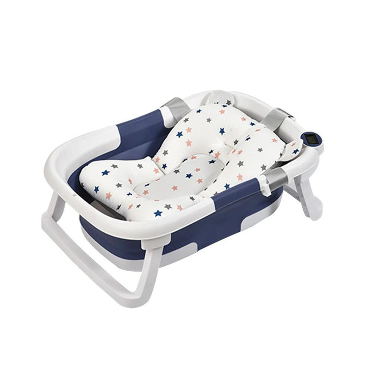 A Newborn Baby Bath Tub Large Folding Baby Bath Tub with a blue and white color scheme, featuring a star-patterned cushion inside. This essential baby care item is elevated on a white stand and includes a small digital display on the side, making it perfect for new parents.