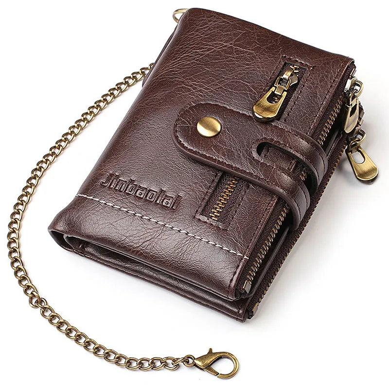 The "Luxury men's purse" and "High-quality leather wallet" by Jinbaolai features brown leather, multiple zippers, a snap closure, and a detachable gold chain with a clasp. This classic retro wallet seamlessly combines style with practicality for both casual outings and industrial use.