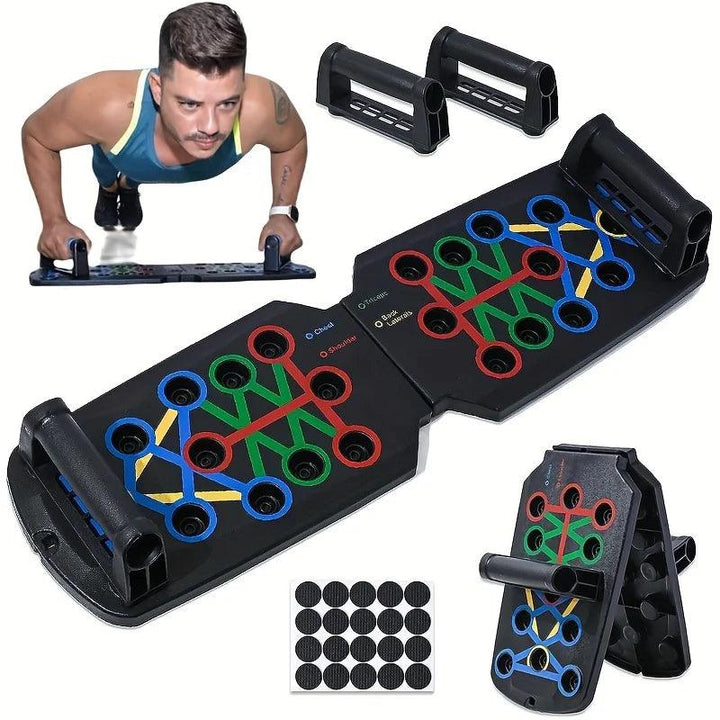 A person is utilizing the Portable Push-up Board, a multifunctional training set that features color-coded zones for diverse exercises. This foldable fitness equipment comes with detachable push-up grips and is displayed in various configurations to enhance strength training versatility.