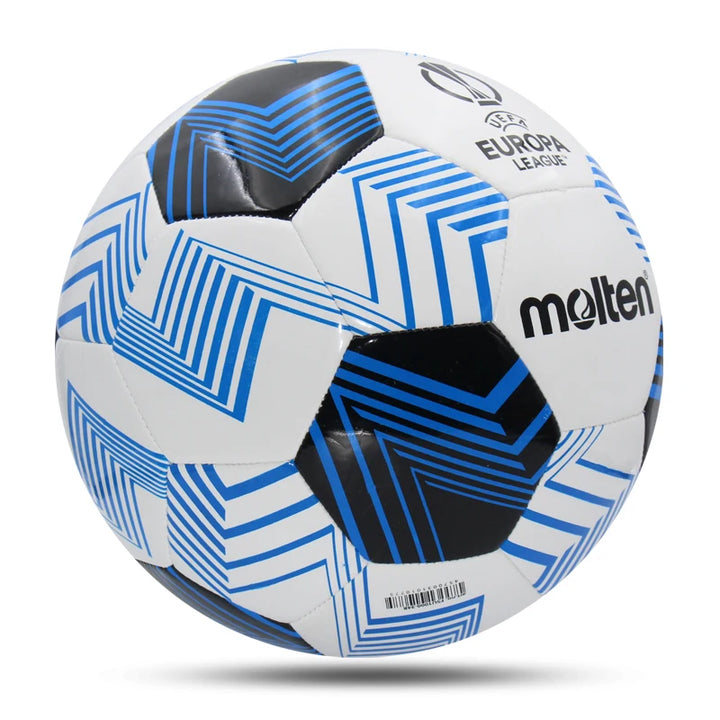 The Molten Soccerball, an official size 5 outdoor football, showcases blue and black geometric patterns on a white background, along with the UEFA Europa League and "Molten" logos. It's ideal for any match or training session.