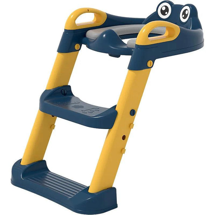 The Children's Toilet Ladder Potty Training Aid for Kids is a cheerful bathroom accessory featuring a smiling frog design. With vibrant yellow and blue steps and handrails, it provides a safe climbing experience, making it an ideal tool to assist toddlers in reaching the toilet independently.