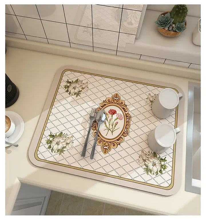 Kitchen mat quick dry antiskid diatom mud rectangle with floral design, ideal for coffee dishes and drying tableware.