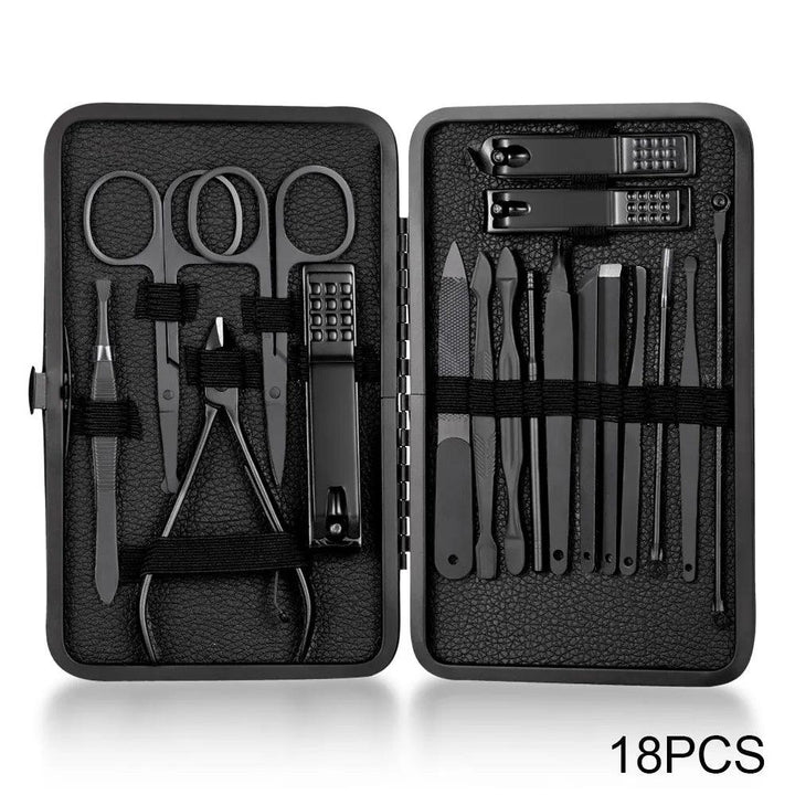 A black leather case houses the Nail Clipper Set Stainless Steel Manicure Kit with 18 portable pedicure tools, including scissors, nail clippers, tweezers, cuticle pushers, and ear picks—all meticulously organized for your grooming needs.