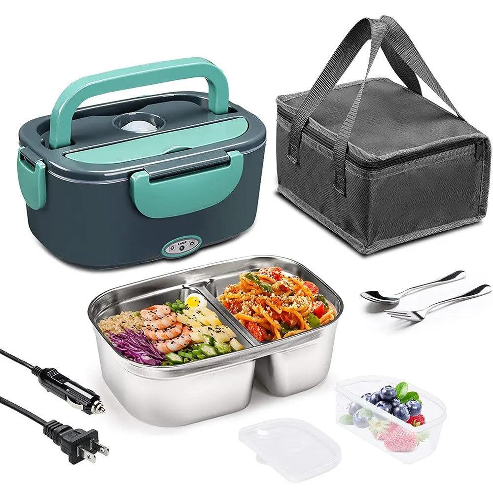 The Electric Heated Lunch Box set, featuring a teal lid, includes two portable stainless steel compartments filled with shrimp, noodles, and salad. It comes with a gray insulated carrying bag, a small fruit container, and utensils. Two power cords are also included alongside the set.