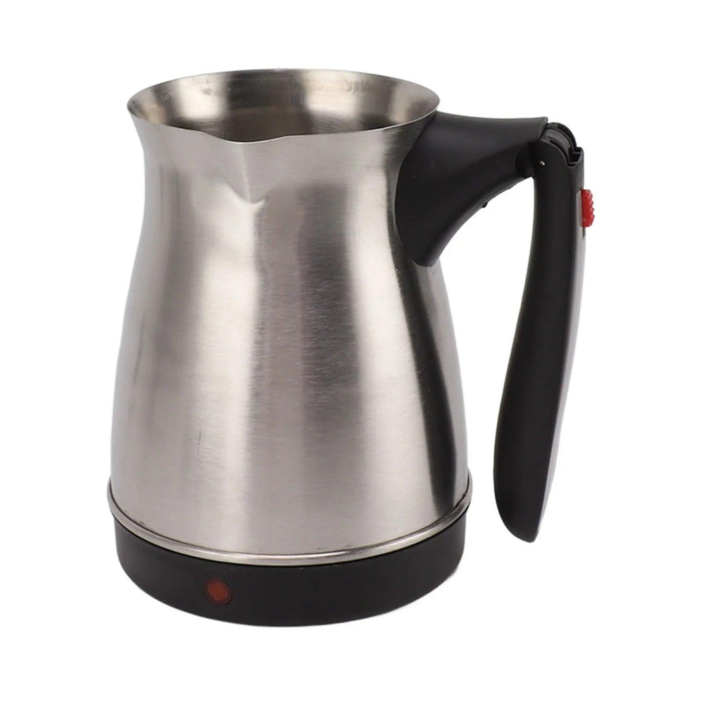 A Turkish coffee maker machine, featuring a foldable black handle and a small red button, is displayed against a white background. Crafted with durable ABS and stainless steel, this electric water kettle teapot boasts a sleek, modern design with a wide spout and dual protection system for enhanced safety.