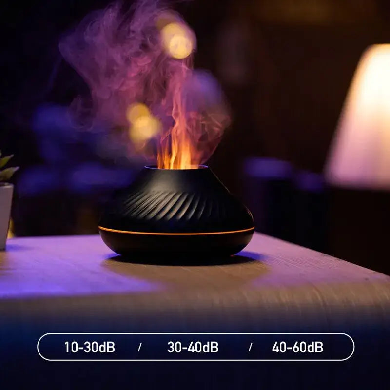 Flame Aromatherapy Humidifier emitting high fog on a table, showcasing its quiet operation feature with a glowing Nordic design.