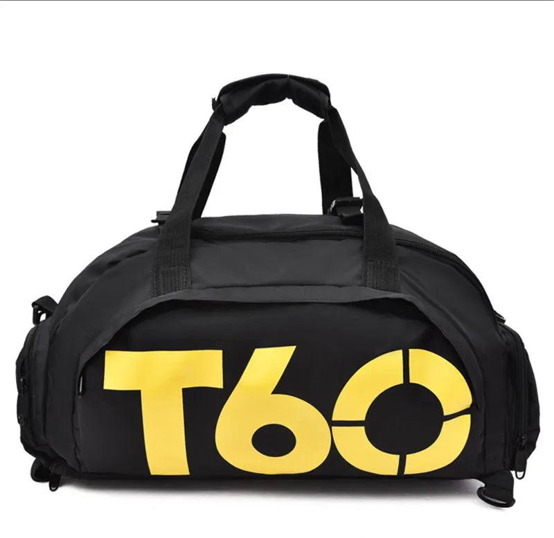 The Waterproof Gym Bag is an ultralight fitness backpack and yoga travel bag featuring a black design with large yellow "T60" text on one side. It includes two handles, a zipper closure, and offers ample capacity for all your essentials.