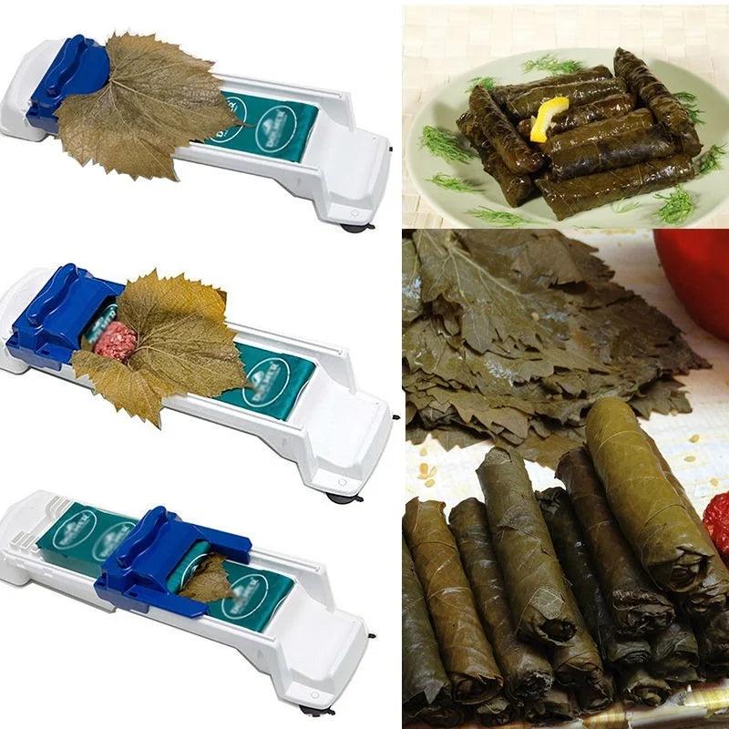 In action is a stuffed grape dolma maker: a grape leaf is positioned, filled with meat, and neatly rolled similar to using an eco-friendly plastic sushi mold. Nearby are plates of completed dolmas adorned with leaves and a serving of stuffed grape leaves accompanied by a slice of lemon.