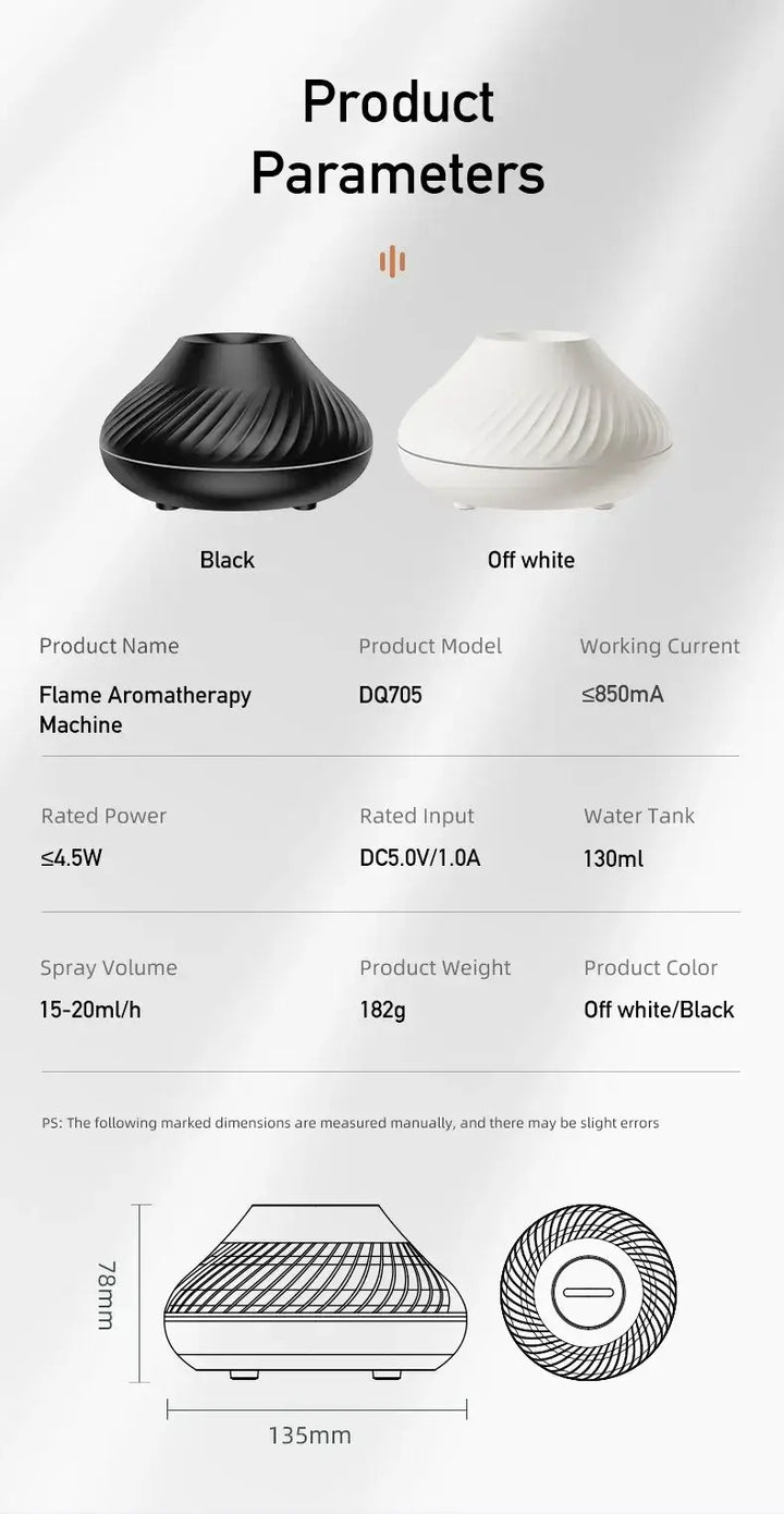 Flame Aromatherapy Humidifier product parameters, black and off-white models, model DQ705, compact design and specifications.