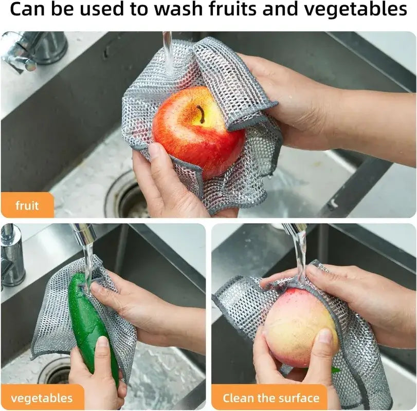 Using a metal cleaning cloth to wash fruit and vegetables in a kitchen sink for effective cleaning.