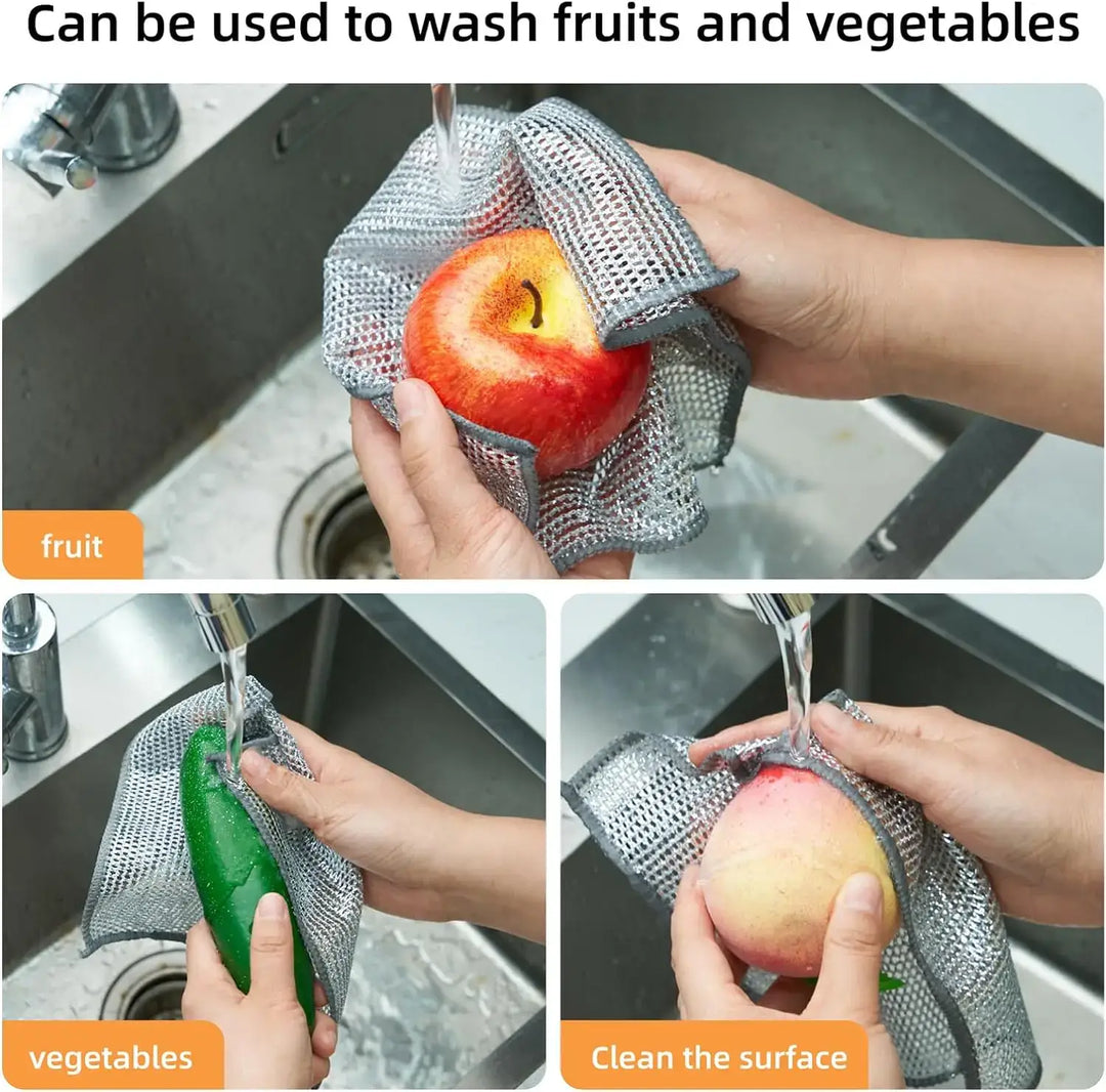 Cleaning cloth used to wash fruits and vegetables in a sink, demonstrating versatility and effectiveness.