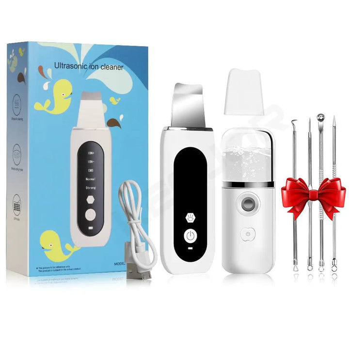 Set includes an Ultrasonic Skin Scrubber Blackhead Remover Deep Face Cleanser, designed for deep face cleansing, along with a digital cleaning tool and wired charging cable. Additionally, it comes with a separate spray device and four metal extraction tools tied together with a red ribbon. The playful whale design box completes the set.