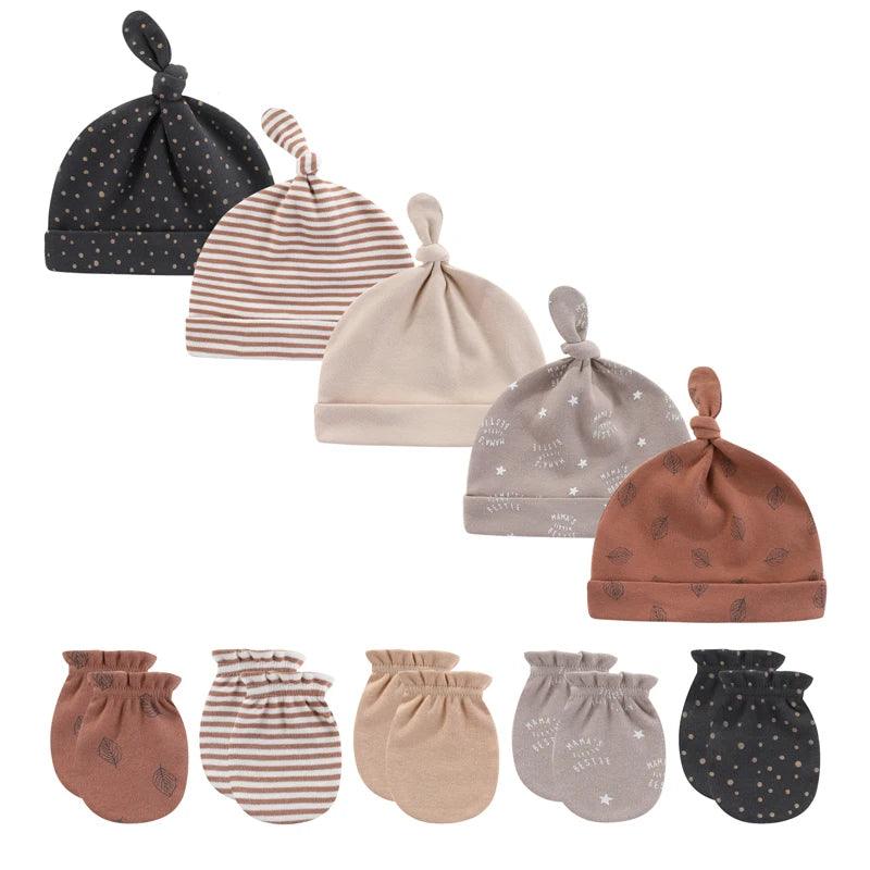 Discover the Newborn Cotton Baby Hats and Baby Girls Hats+Gloves Set, featuring cartoon-inspired infant accessories in cotton. This delightful collection includes four knotted-top hats and four pairs of mittens in assorted shades of black, beige, gray, and brown with charming patterns like stripes, stars, and leaves.