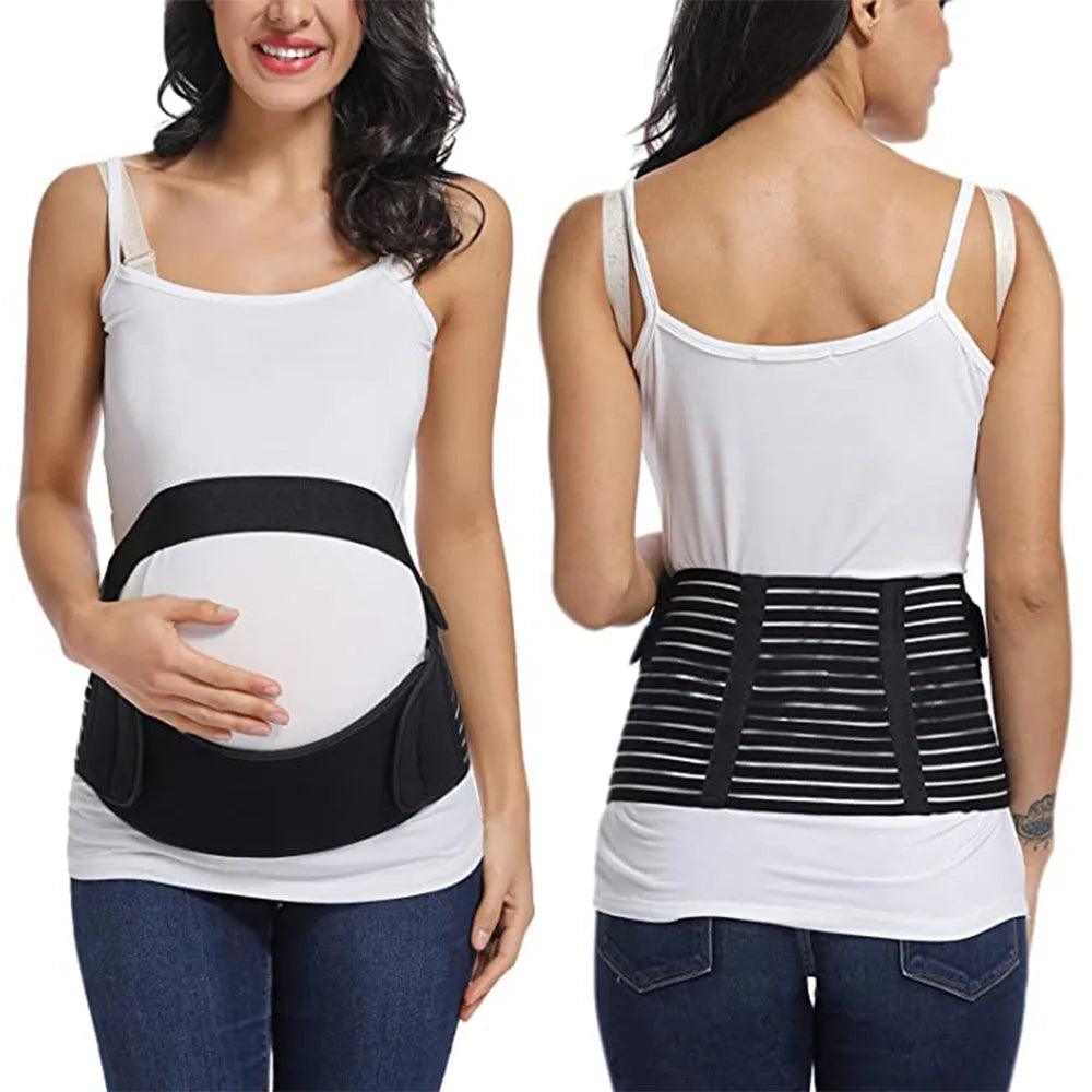 The images depict a pregnant woman in a white tank top and jeans. From the front, she is gently cradling her belly supported by the Maternity Belly Belt, Abdomen Support Belt, Pregnant Women's Waistband which offers gentle protection during pregnancy. The rear view showcases the adjustable straps of this abdominal lift belt.