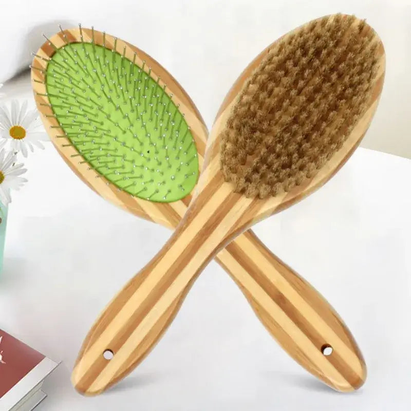 Bamboo Dog Brush Double-Sided Dog Comb Pet Grooming Brush with Stainless Steel