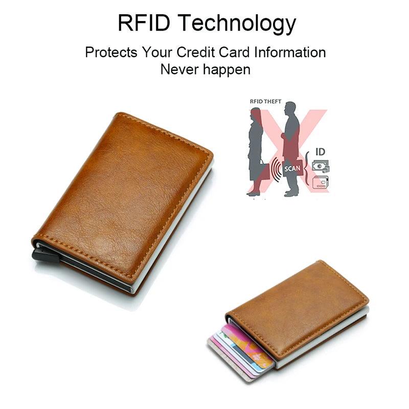 A brown Carbon Fiber Aluminum Wallet is displayed in two views, showcasing credit cards partially visible. Text above reads: "RFID Slim Card Case Protects Your Credit Card Information" alongside an illustration of RFID theft prevention.