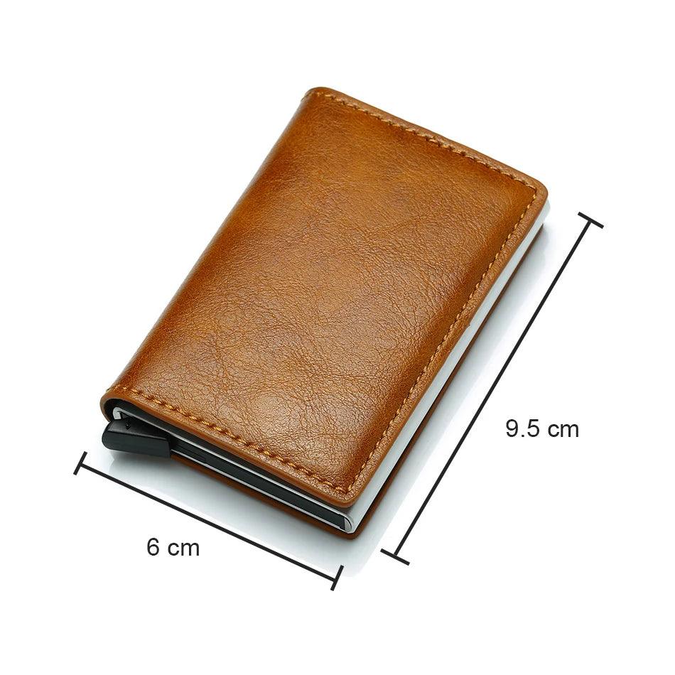 A brown "Carbon fiber aluminum wallet" with an RFID slim card case feature, measuring 9.5 cm by 6 cm, is displayed against a white background. The wallet is closed and slightly tilted, highlighting its smooth texture and stitching.