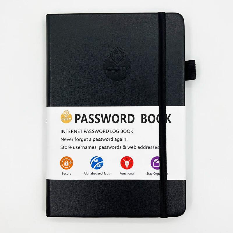 A sleek black Password Book Password Keeper Internet Address Organizer featuring an elastic band and a white wrap-around label. The label is adorned with colorful icons and text, including "Password Book," "Internet Address and Password Organizer," "Internet Password Log Book," along with other descriptions.