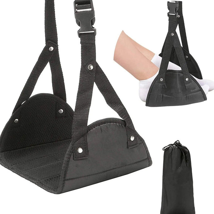 A black "Portable Travel Footrest" for travel, also known as the "Aircraft High-Speed Rail Foot Pad" or the "Long-Distance Car Trip Foot Pedal," features an adjustable strap and clip. An illustrated example displays feet resting comfortably in the foot pad hammock. The image also includes a drawstring carrying pouch for easy portability.