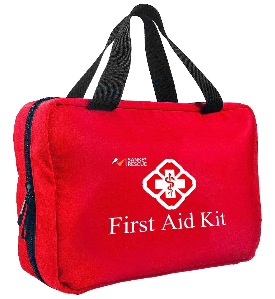 The First Aid Kit Waterproof Medical Kits Compact Trauma Kit is a red bag with black handles and a zipper, making it perfect for storing emergency supplies. It has white text and a medical symbol on the front, adhering to high medical standards.