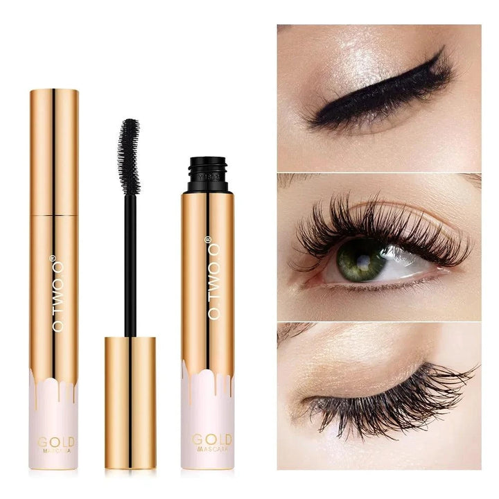 A sleek mascara with a gold wand is displayed alongside three close-up images showcasing an eye with thick, dark, and voluminous lashes. The product is labeled "Silk Fiber Mascara" and offers a smudge-proof formula for flawless, all-day wear.