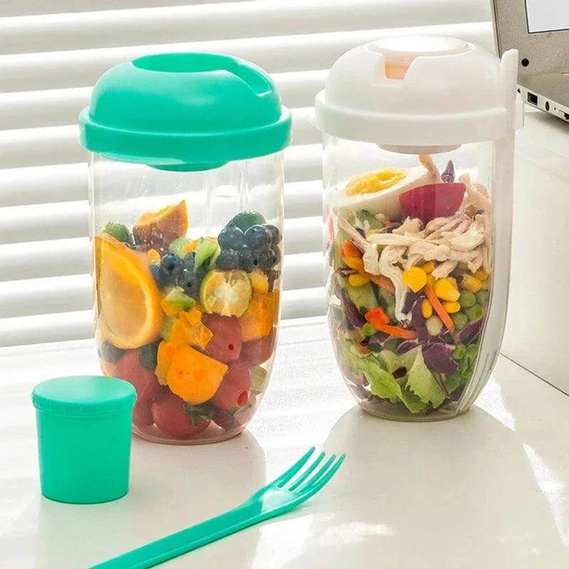 Portable Salad Cups, Breakfast Cereal Nut, Yogurt Container Set with Fork & Sauce Bottle: Picnic Bento Lunch Box